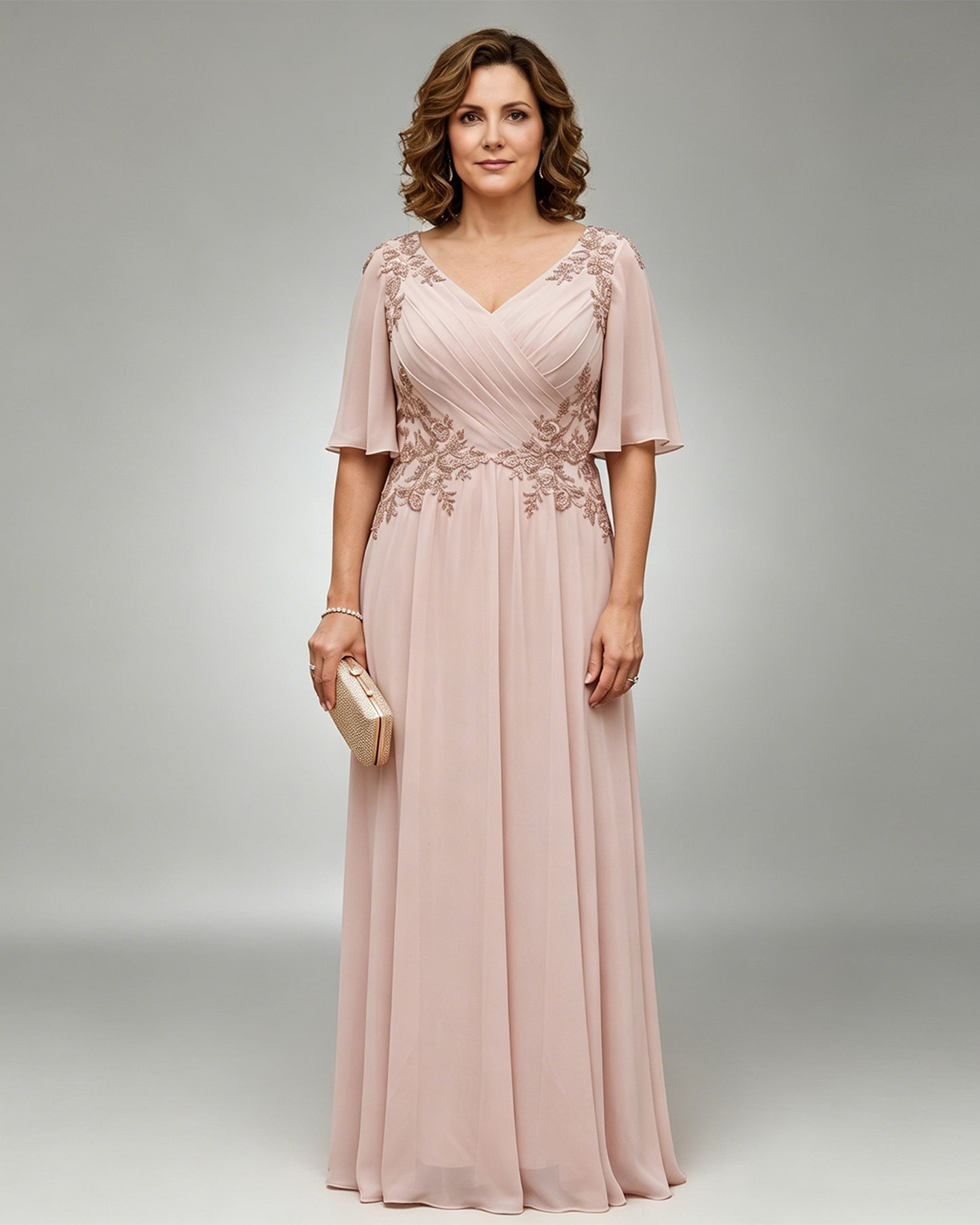 floor length chiffon mother of the bride A-line gown with flutter sleeves and beaded lace applique
