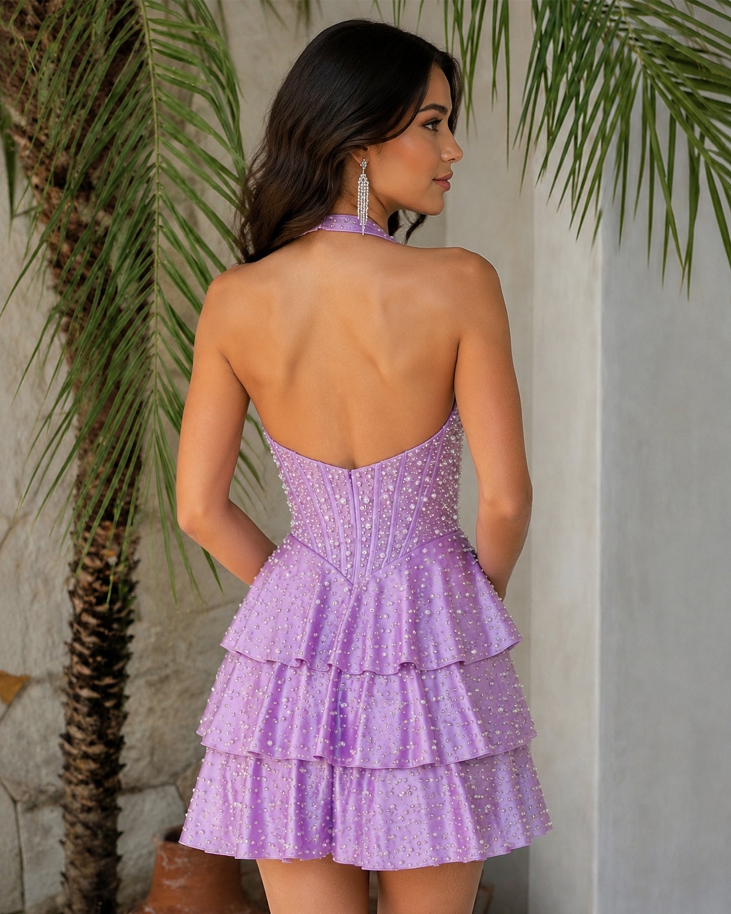 lilac halter beaded corset tiered homecoming dress - front view