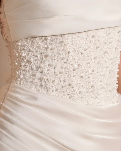 off shoulder fitted formal dress with beaded bodice and draped skirt - image 10