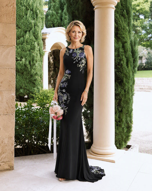 Floral Embroidered Halter Mother of the Bride Dress with Statement Train - front view of floral embroidered dress