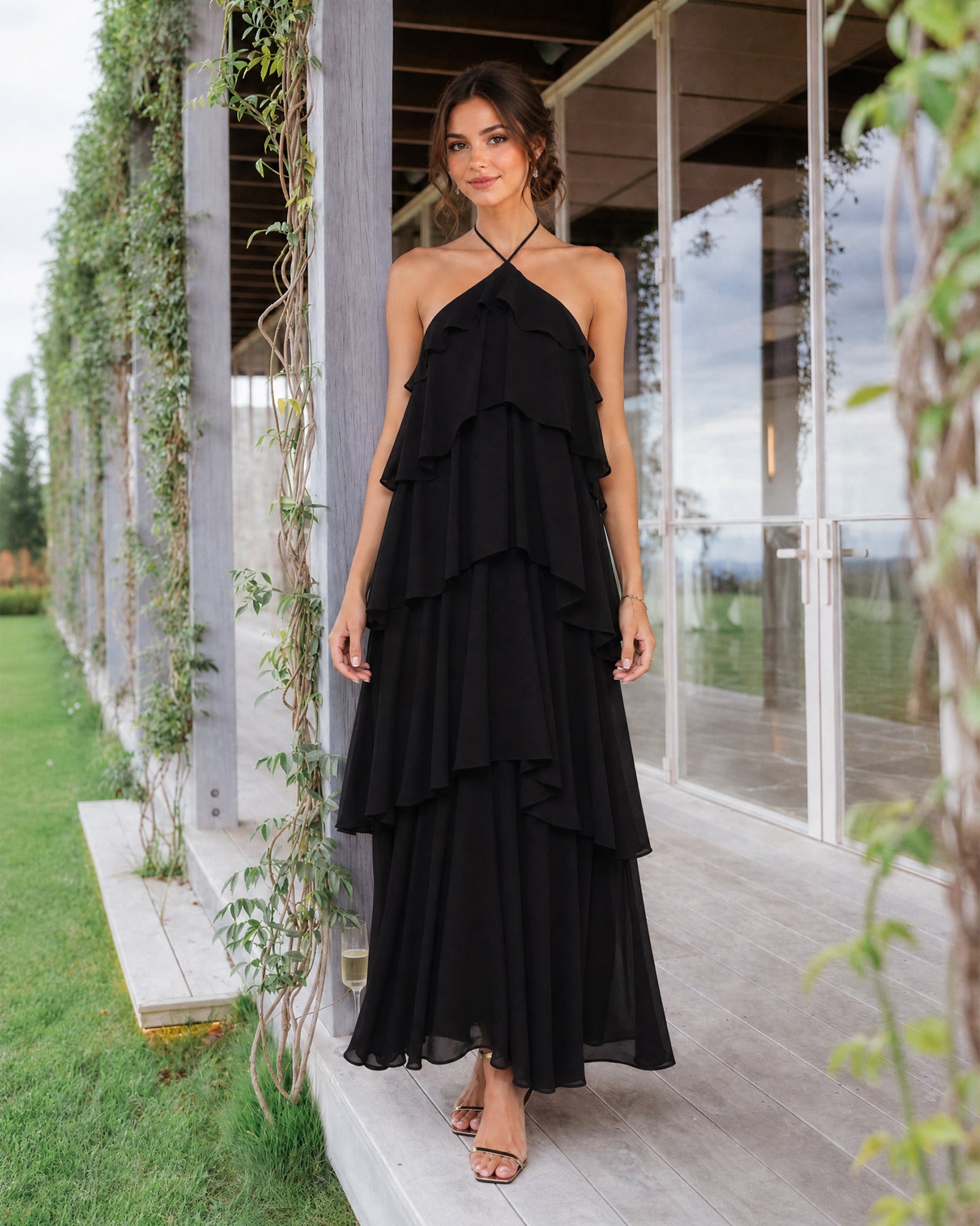 black halter neck tiered chiffon bridesmaid dress with ruffle overlay - image 1