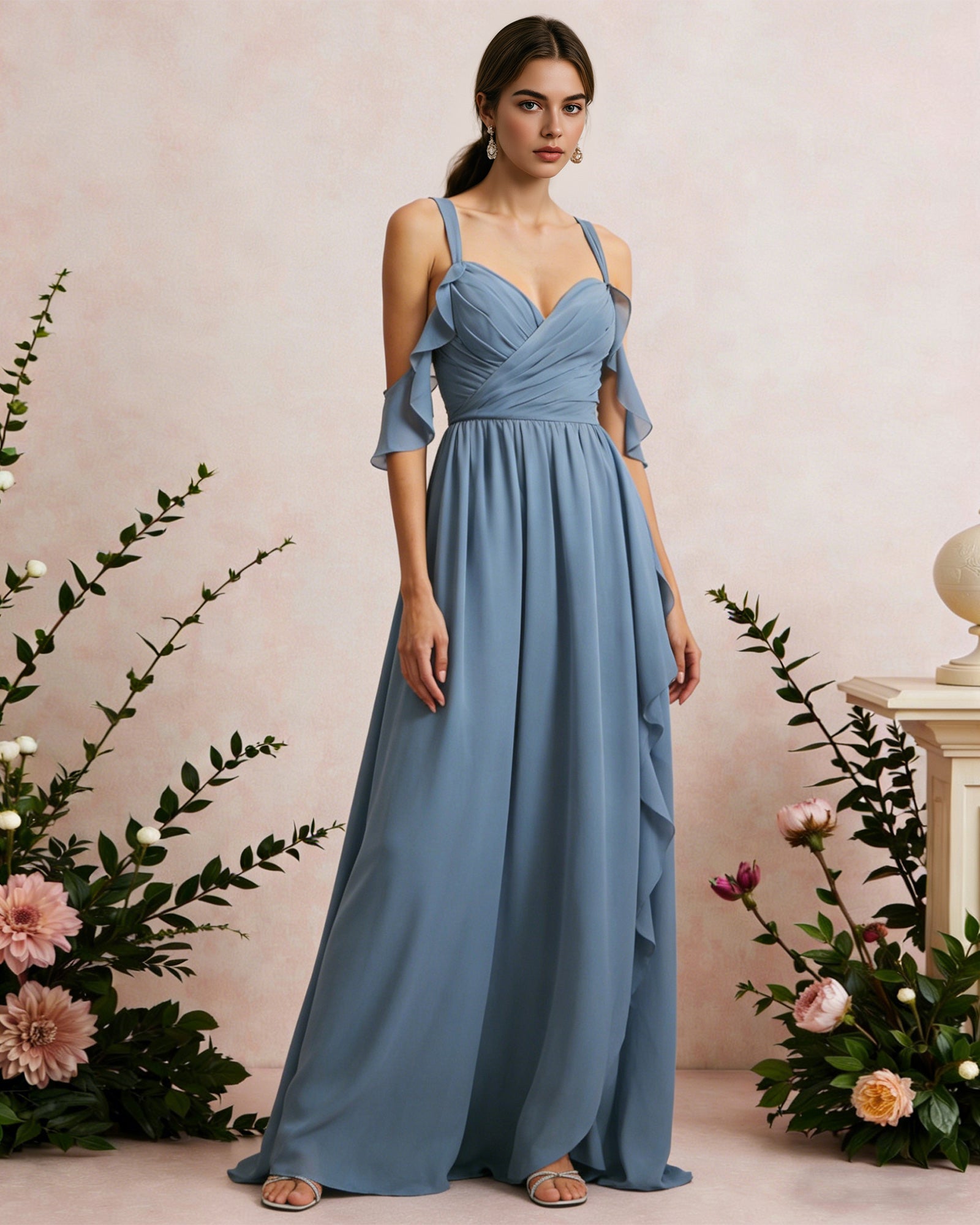 cold shoulder chiffon bridesmaid dress with draped V-neck bodice - image 1