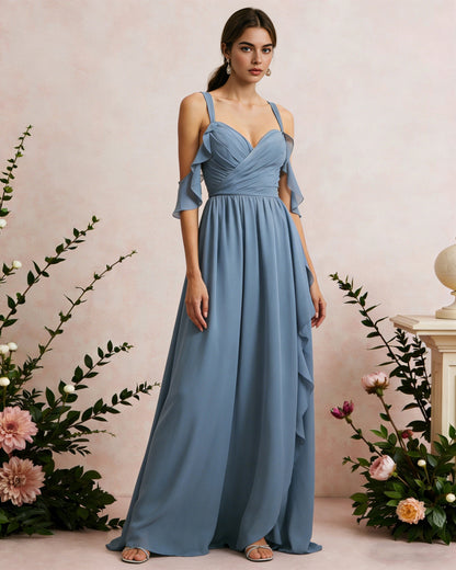 cold shoulder chiffon bridesmaid dress with draped V-neck bodice - image 1