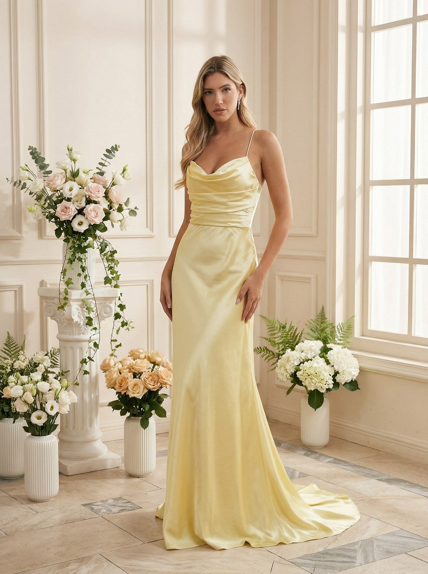 one shoulder satin bridesmaid dress with ruched waist and sweep train - image 1