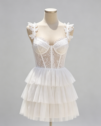 Lace Strap Corset Tulle Homecoming Dress with Tiered Skirt