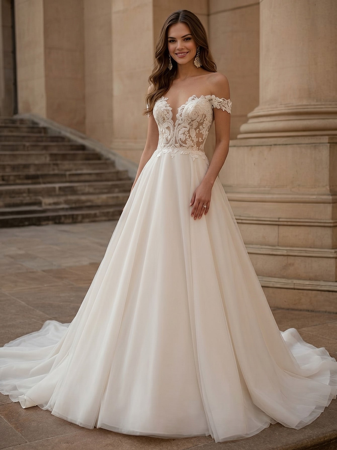 off shoulder lace A-line wedding dress with illusion bodice and train - image 1