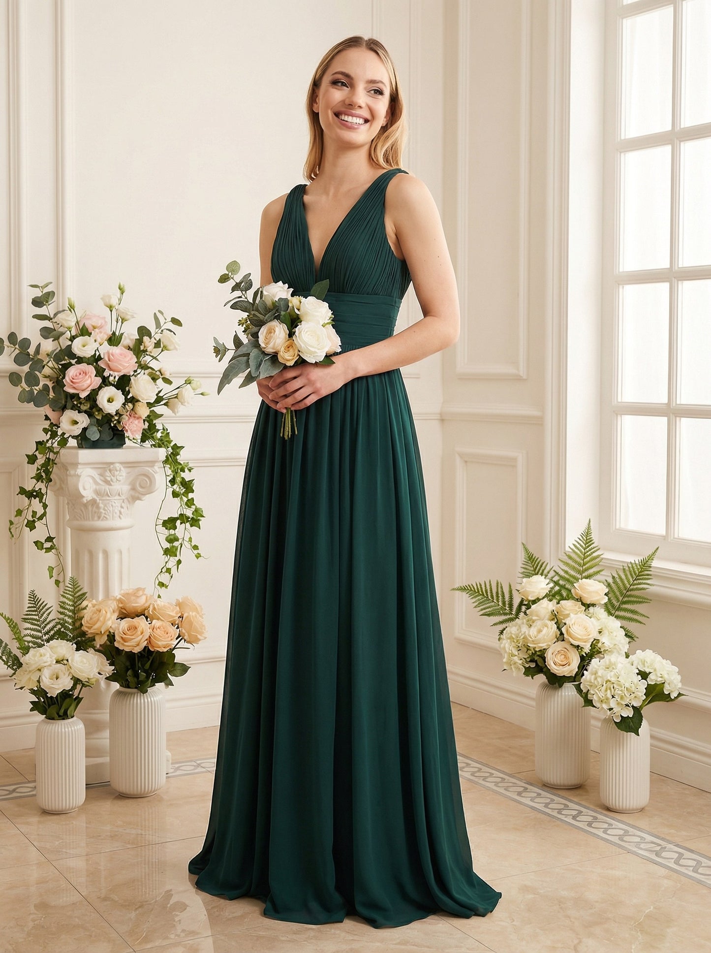 deep V-neck chiffon bridesmaid dress with pleated waist - image 1