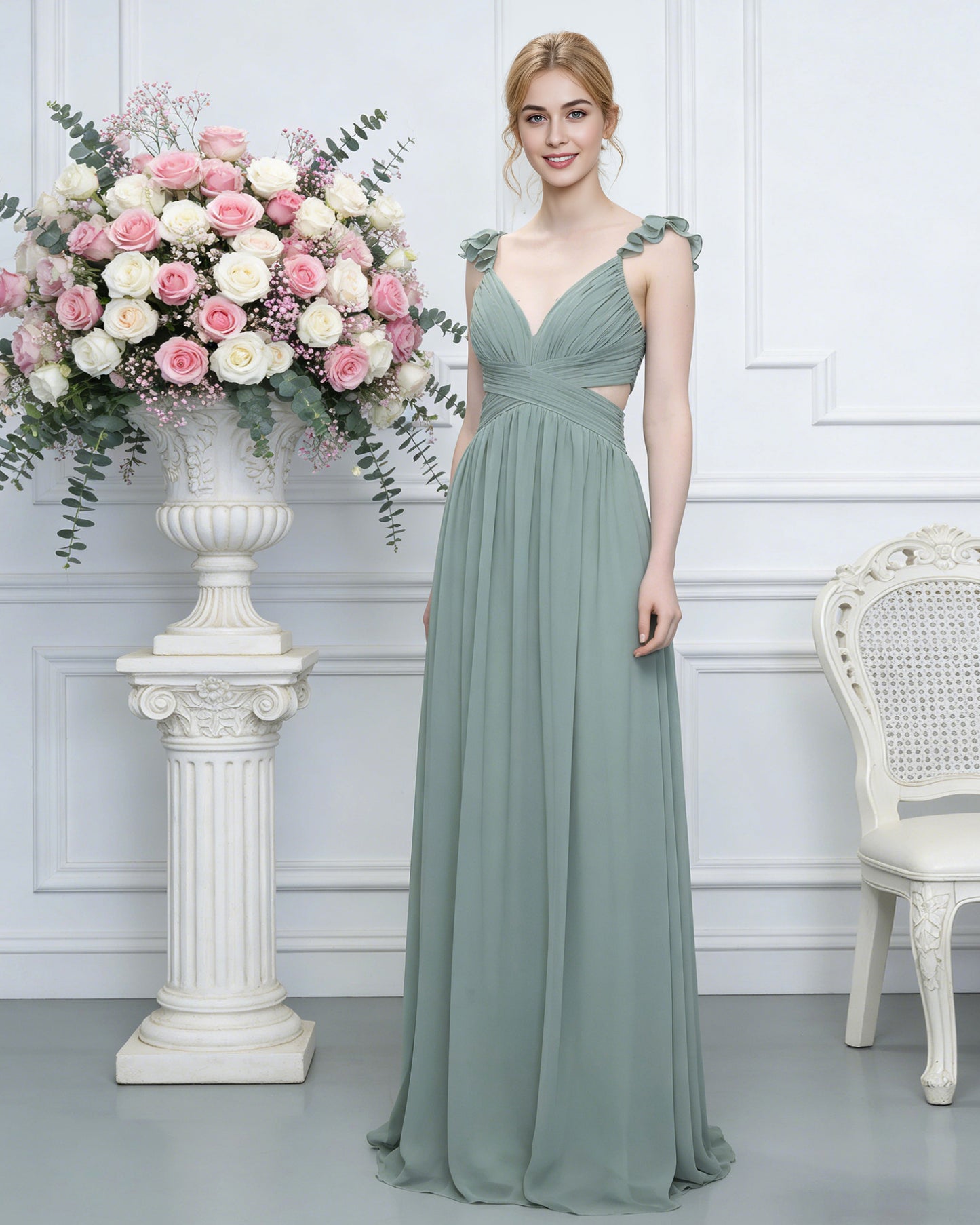 ruffle strap V-neck tulle bridesmaid dress with pleated waist - image 1