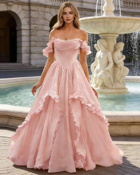 blush off shoulder ruffle tulle ball gown prom dress with floral applique - image 1