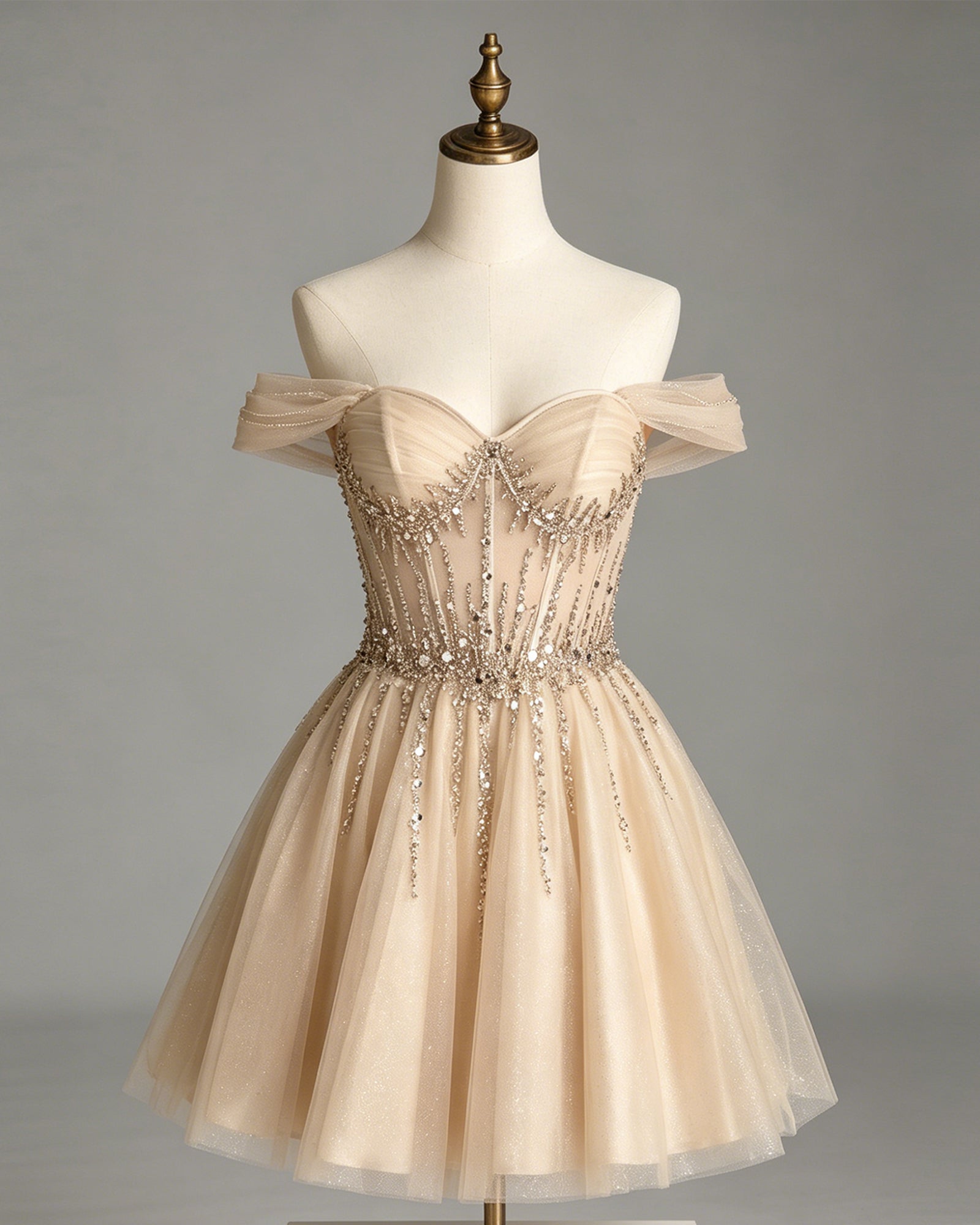 off shoulder beaded corset tulle A-line homecoming dress - view 1