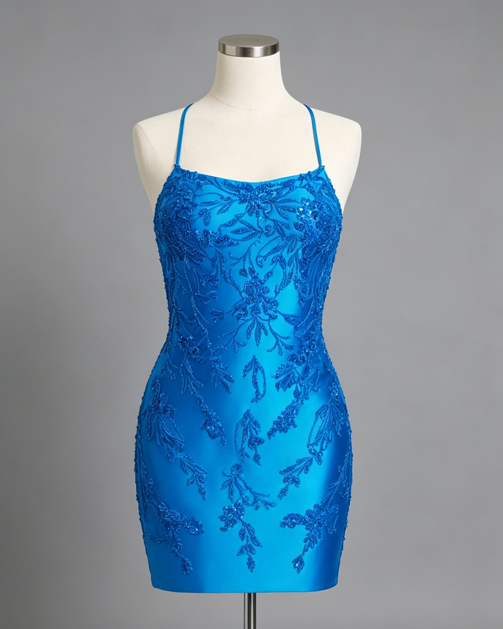 spaghetti strap beaded lace satin mini homecoming dress - view 1
