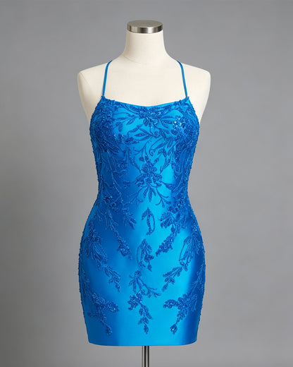 spaghetti strap beaded lace satin mini homecoming dress - view 1
