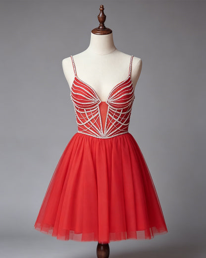 spaghetti strap rhinestone bodice tulle A-line homecoming dress - view 1