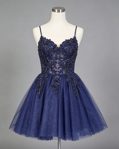 spaghetti strap beaded corset glitter tulle homecoming dress - view 1