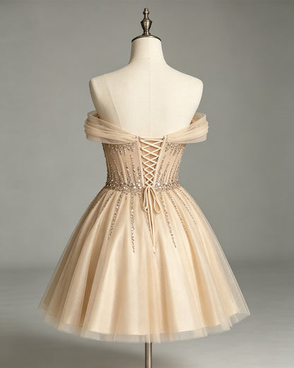 off shoulder beaded corset tulle A-line homecoming dress - view 2