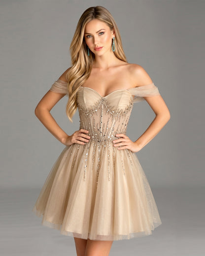 off shoulder beaded corset tulle A-line homecoming dress - view 3