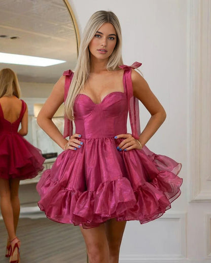 bow shoulder satin corset ruffle homecoming dress - view 3