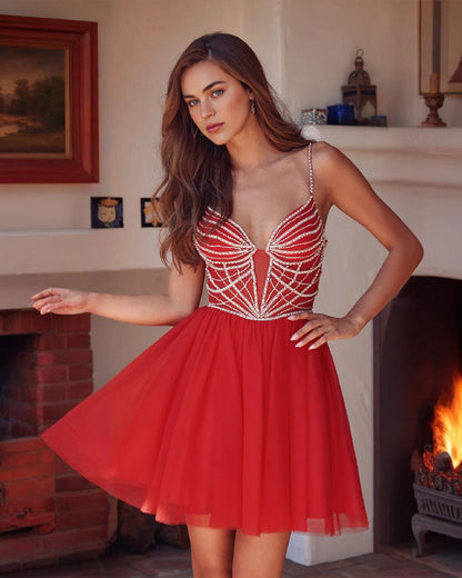 spaghetti strap rhinestone bodice tulle A-line homecoming dress - view 5