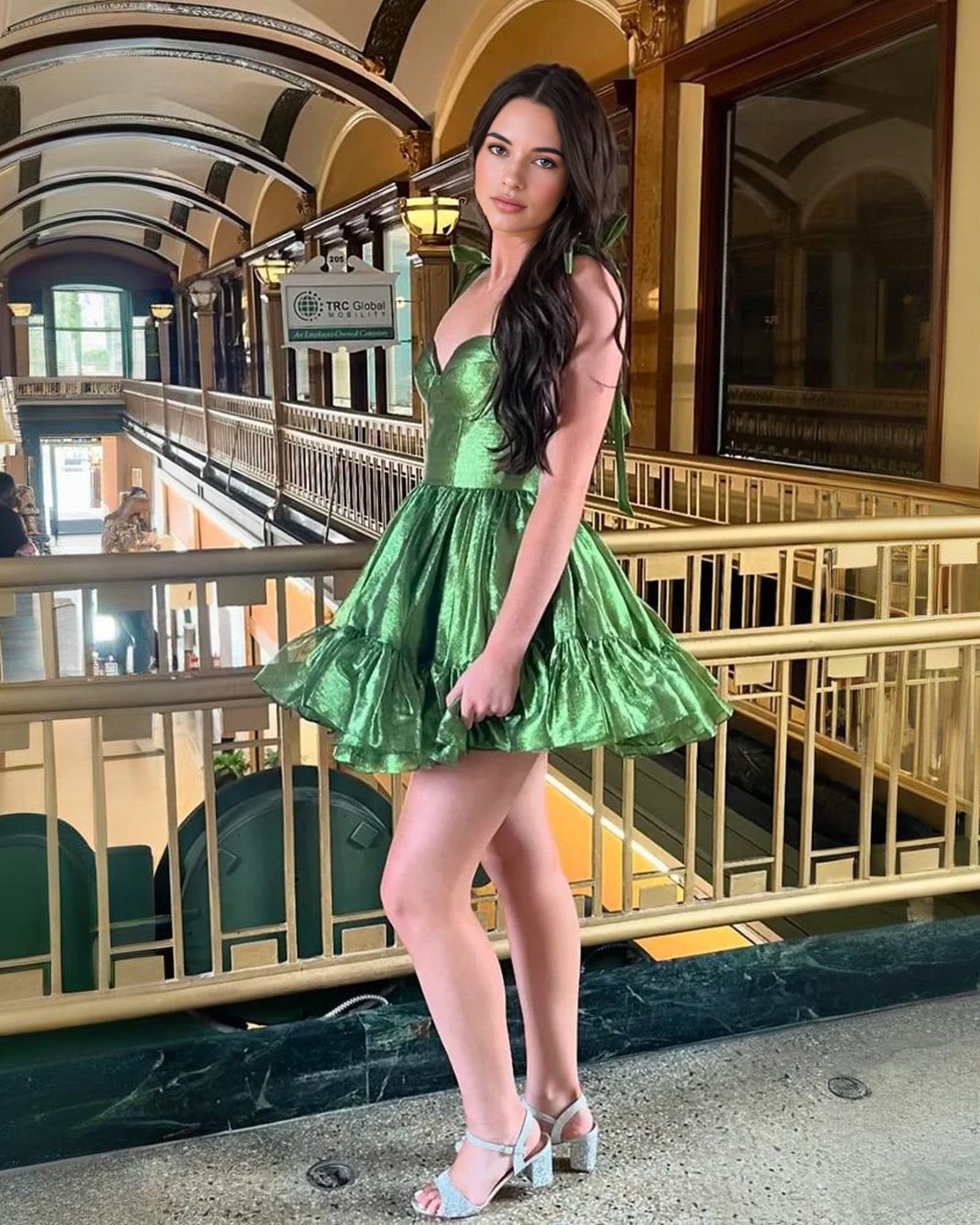 bow shoulder satin corset ruffle homecoming dress - view 5
