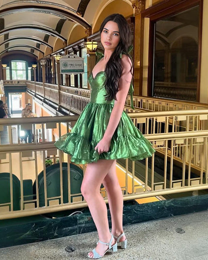bow shoulder satin corset ruffle homecoming dress - view 5