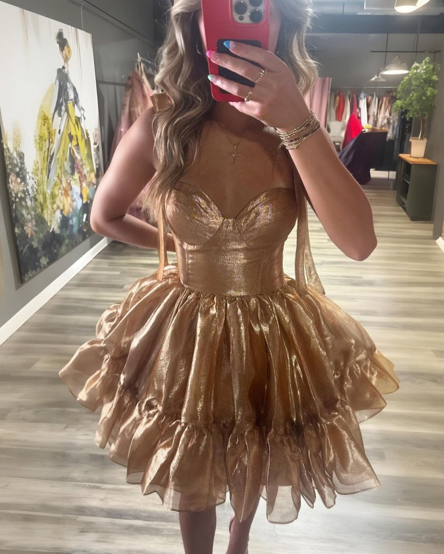bow shoulder satin corset ruffle homecoming dress - view 6