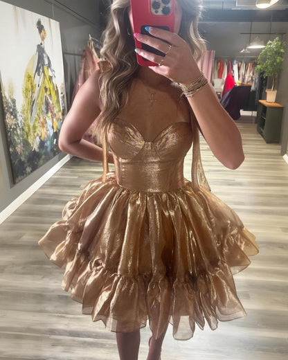 bow shoulder satin corset ruffle homecoming dress - view 6