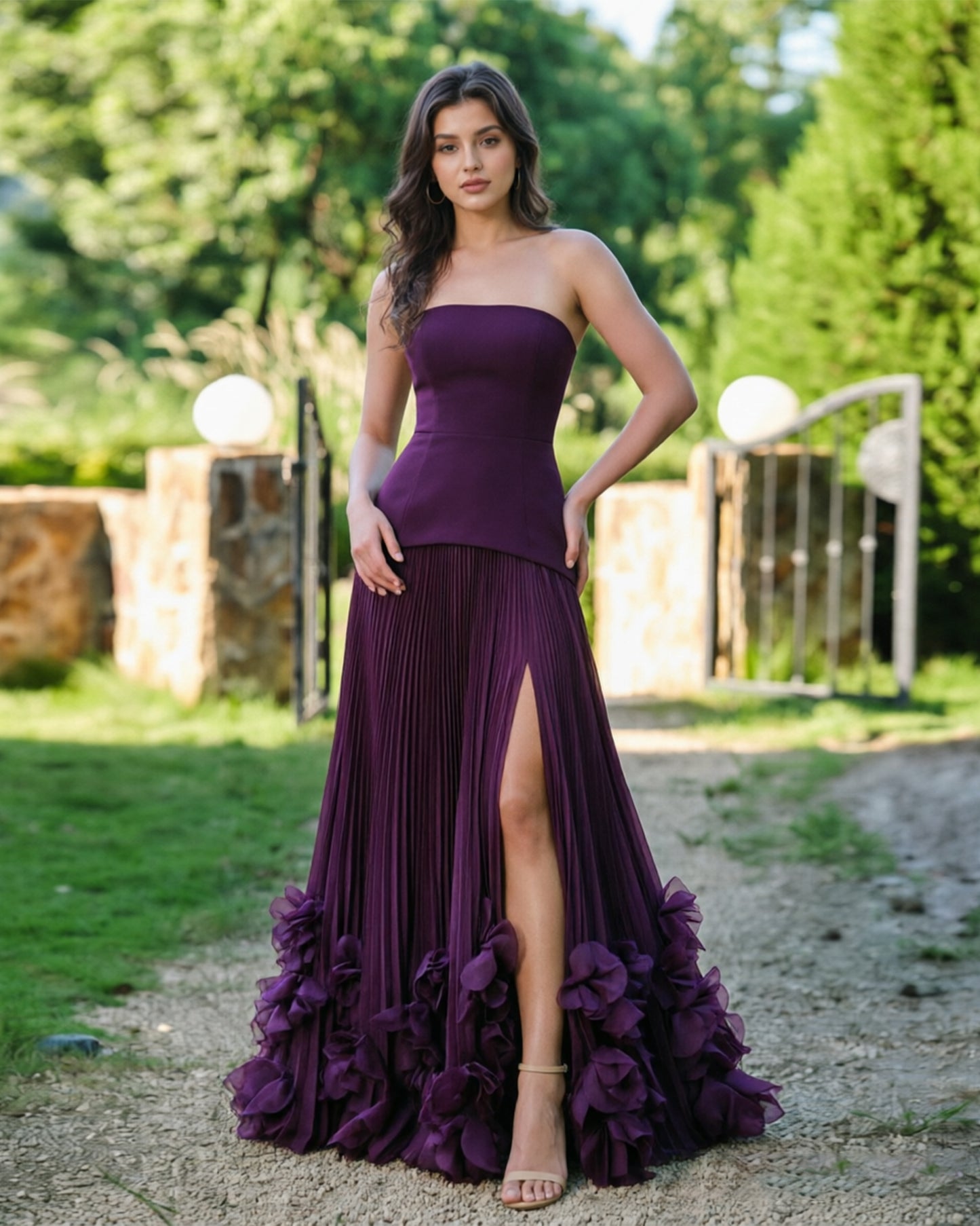 strapless floral hem formal dress with pleated slit dress - image 1