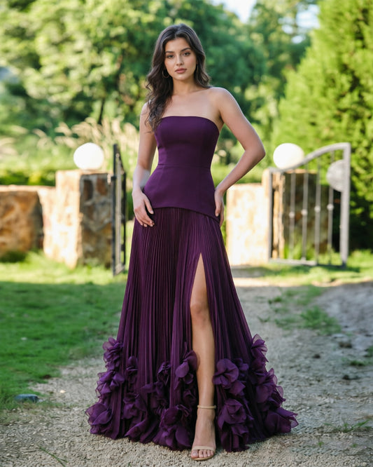 strapless floral hem formal dress with pleated slit dress - image 1