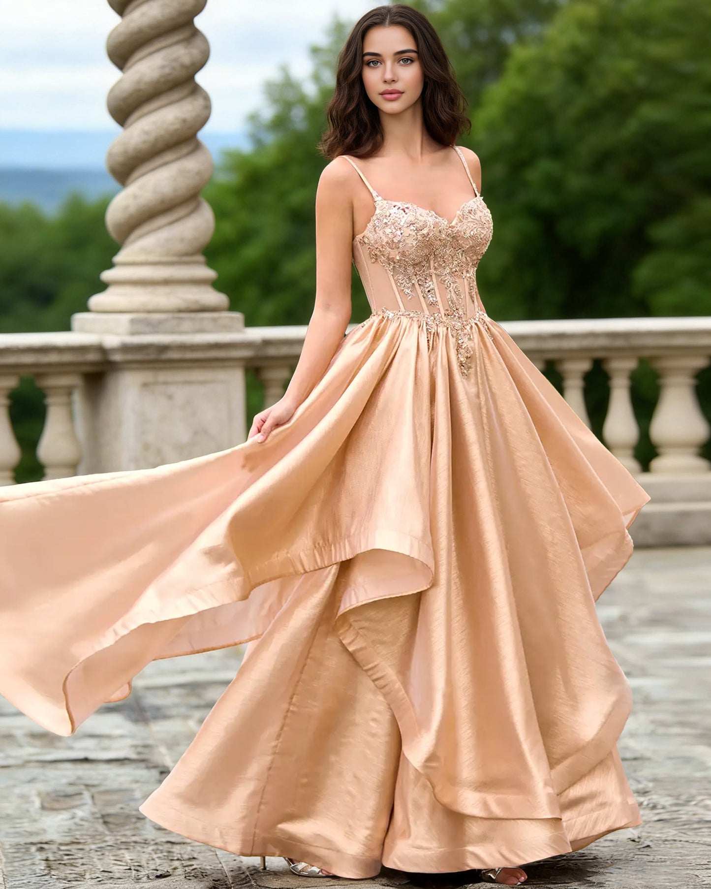 champagne sweetheart glitter tulle A-line prom dress with layered dress - image 1