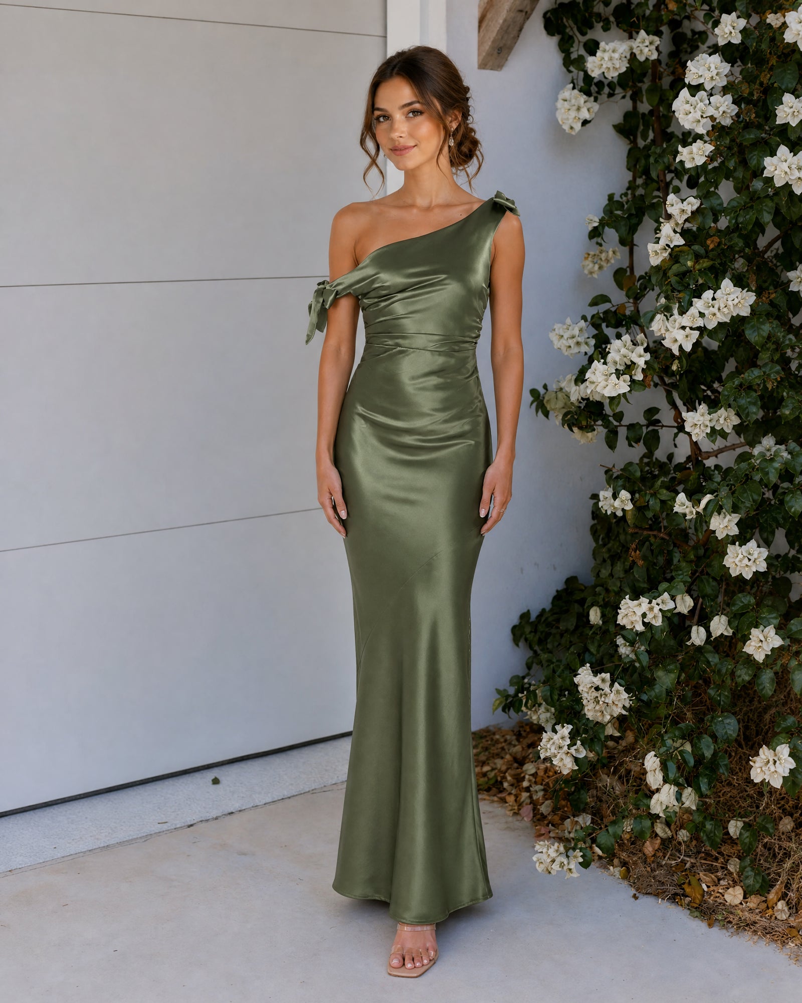 one-shoulder cowl neck satin mermaid bridesmaid dress with bow straps - front view