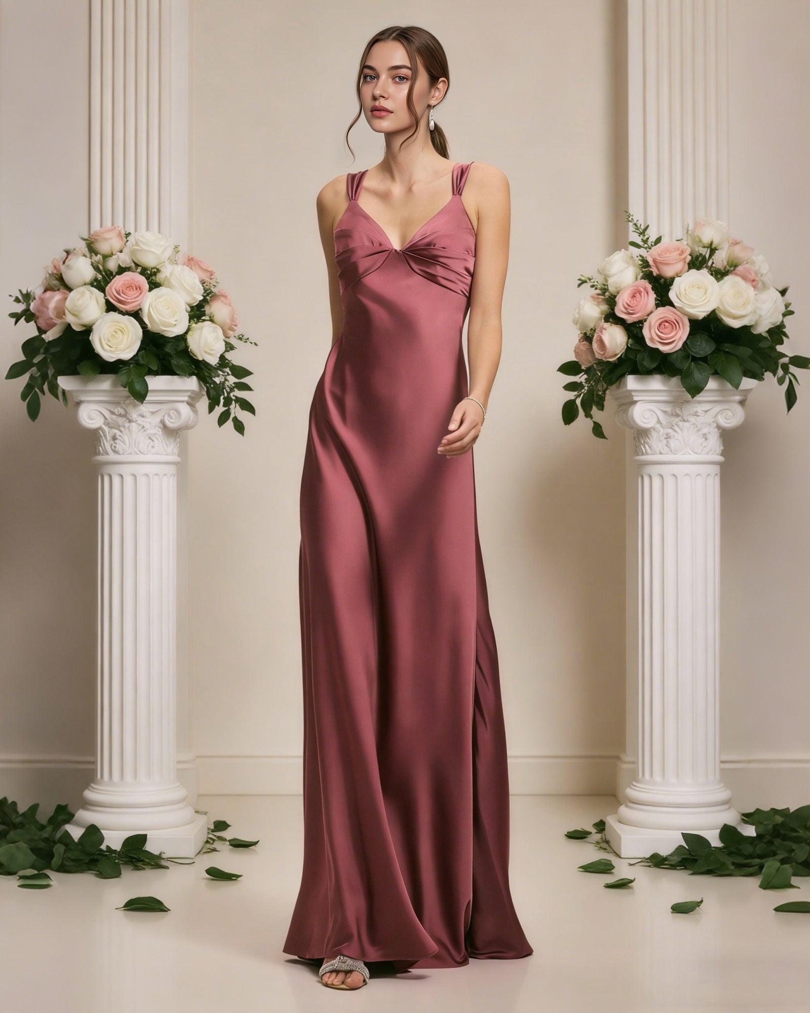 satin cowl neck bridesmaid dress with spaghetti straps and bias cut - image 2