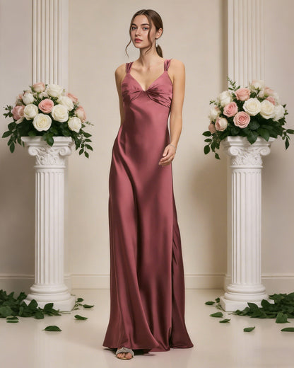 satin cowl neck bridesmaid dress with spaghetti straps and bias cut - image 2