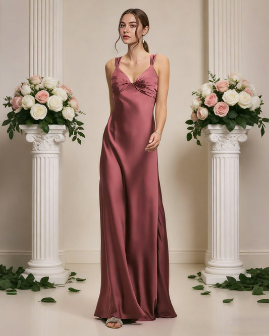satin cowl neck bridesmaid dress with spaghetti straps and bias cut - image 2