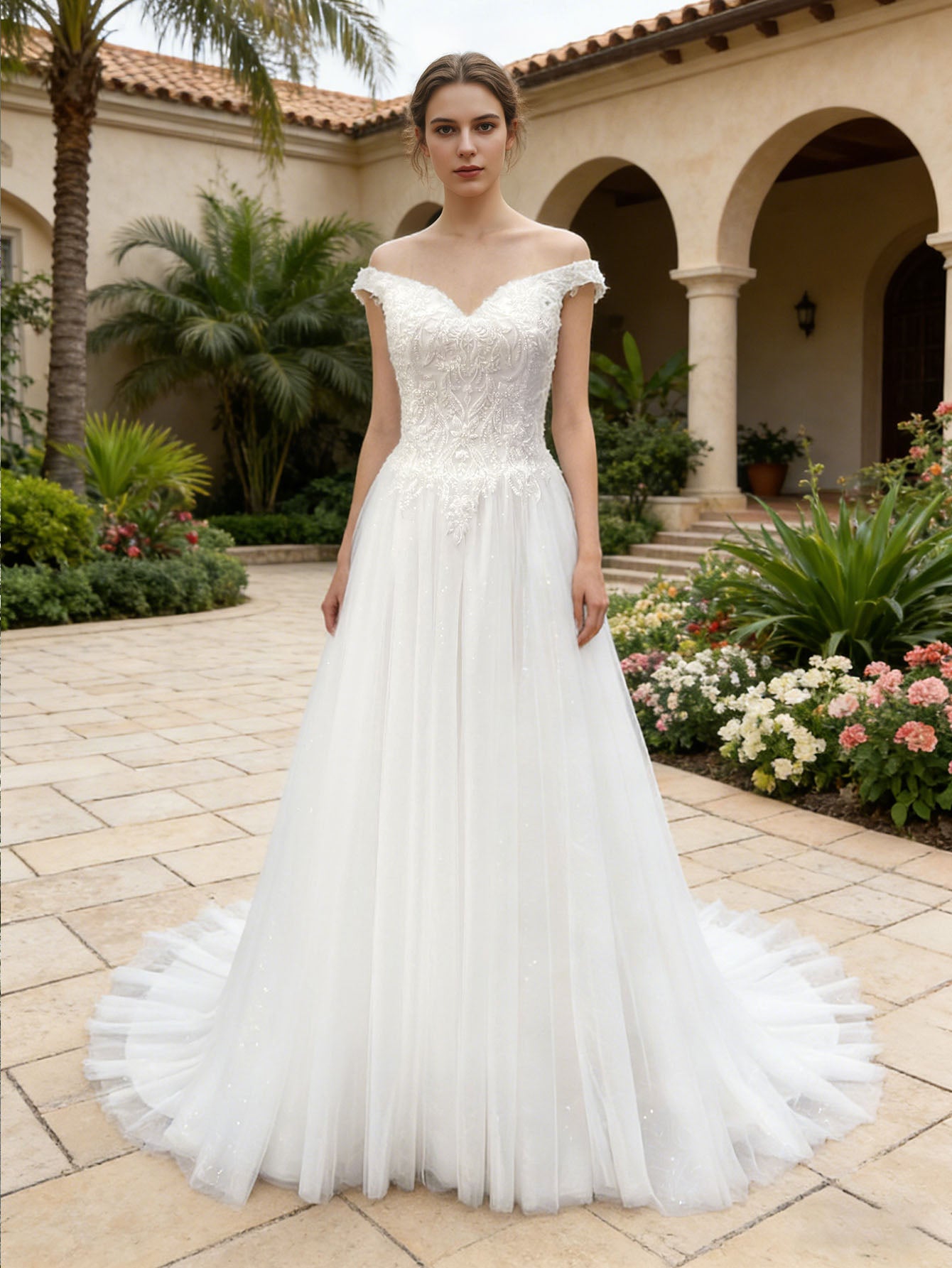 off shoulder lace tulle A-line wedding dress with sweetheart bodice - image 1