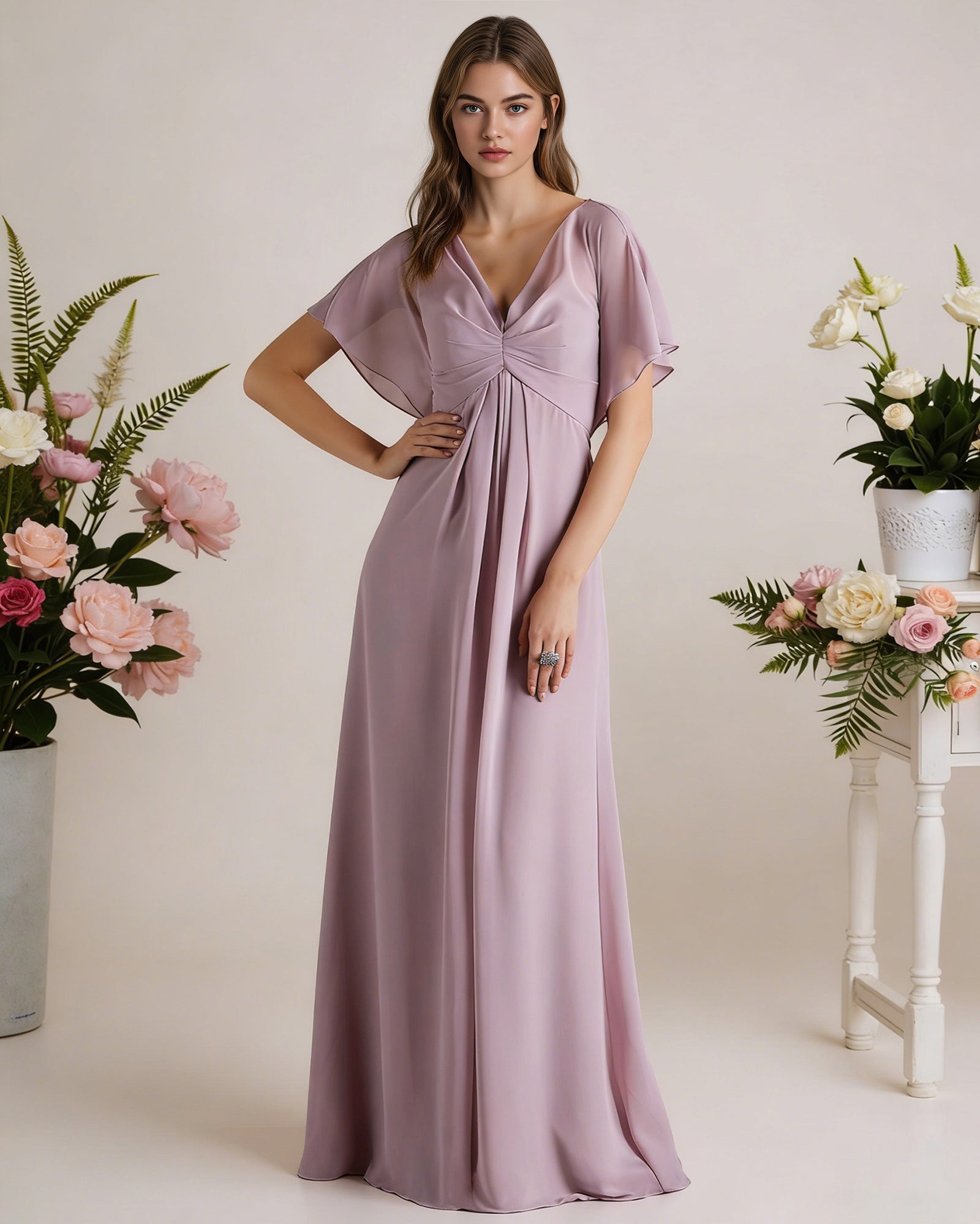 short sleeve V-neck chiffon bridesmaid dress with gathered waist - image 1