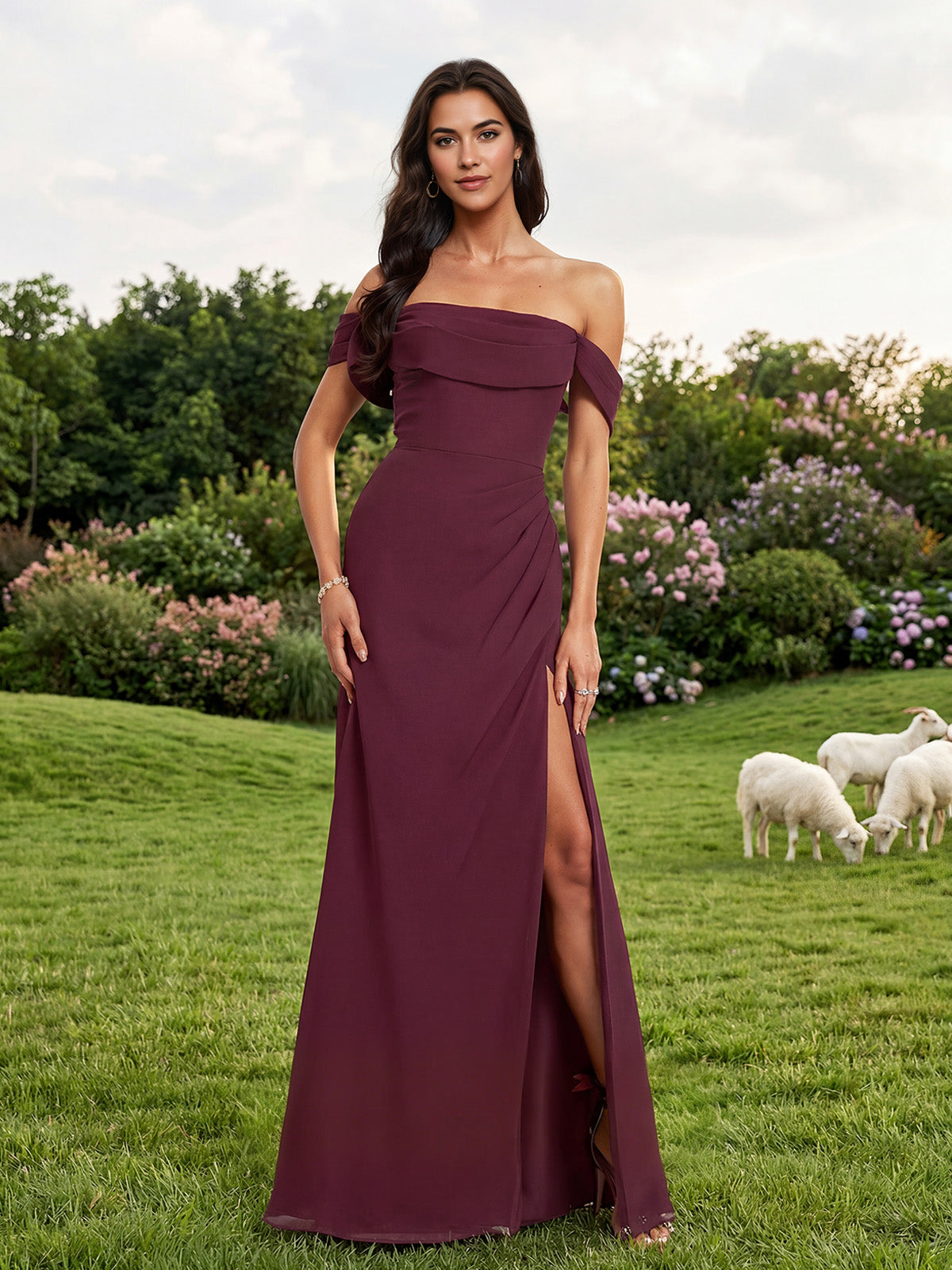 off shoulder crepe bridesmaid dress with foldover neckline and slit - image 1