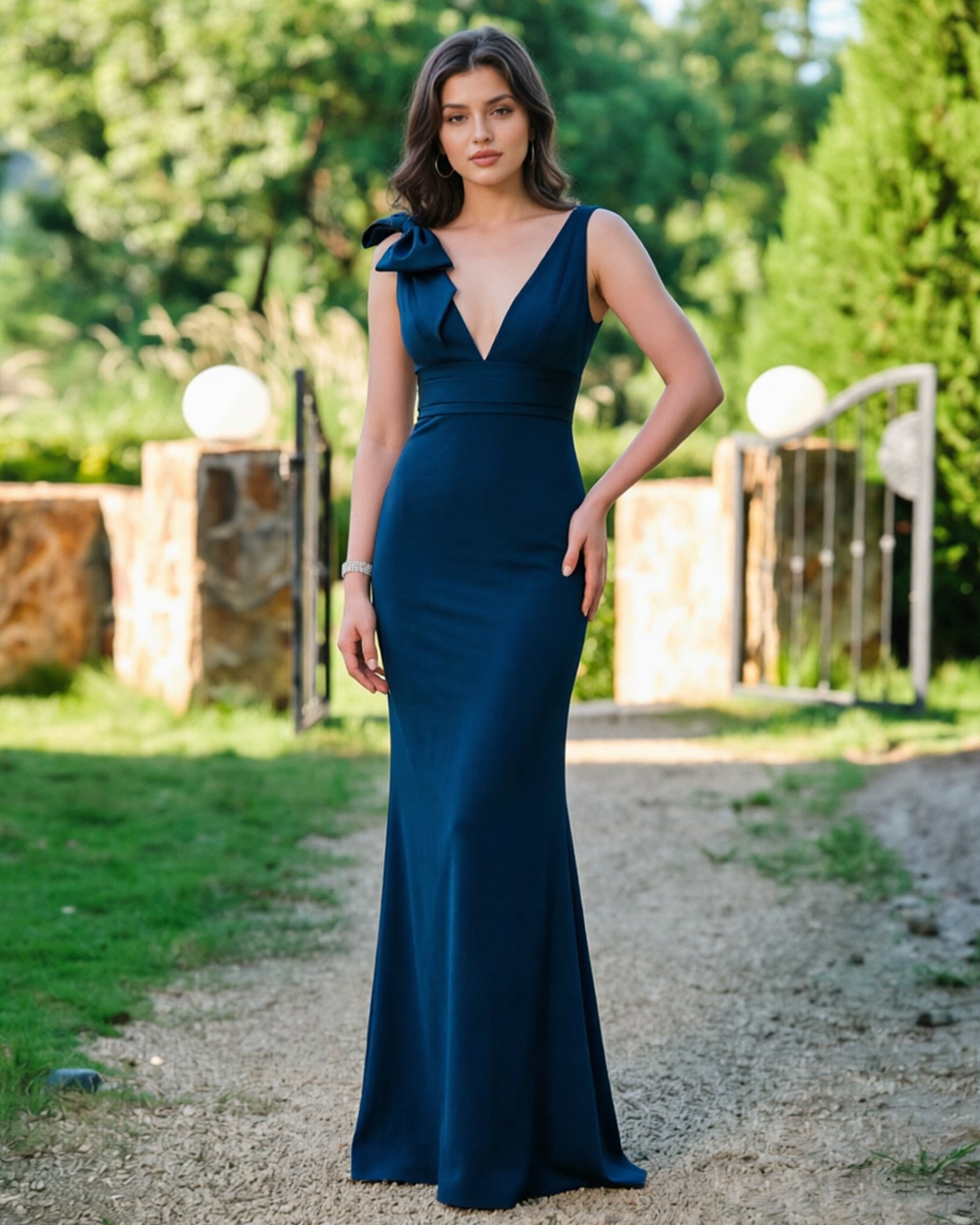 V-neck bow shoulder mermaid formal dress with empire waist - image 1
