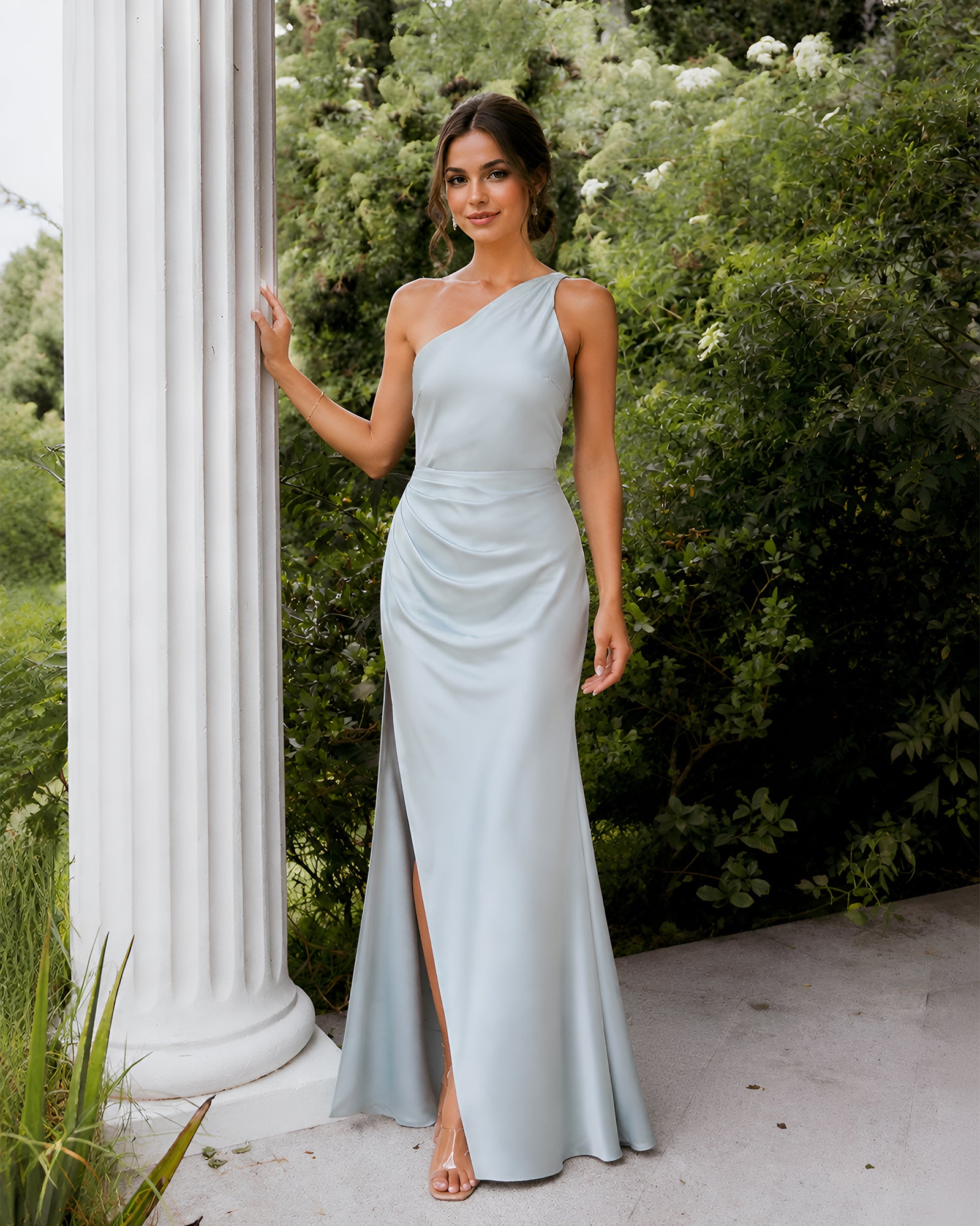 light blue one shoulder satin bridesmaid gown with ruched waist and side slit - image 1