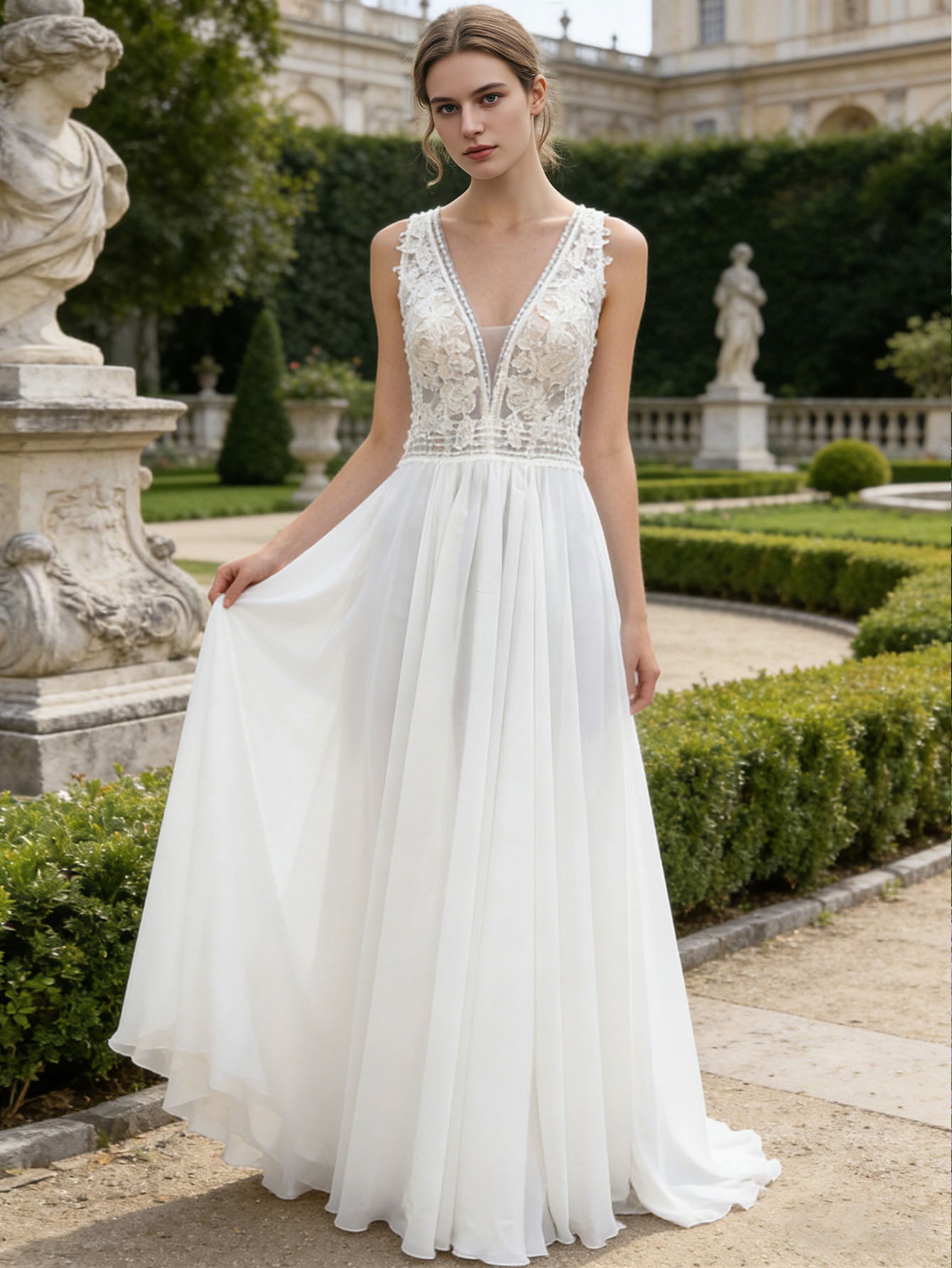 sleeveless V-neck lace tulle A-line wedding dress with illusion bodice - image 1