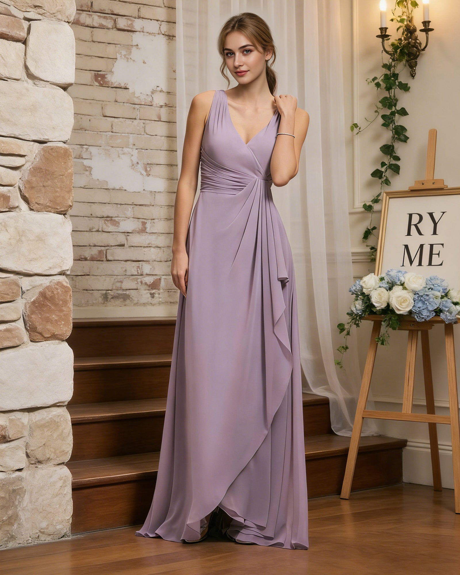 halter V-neck chiffon bridesmaid dress with draped sash waist - image 2