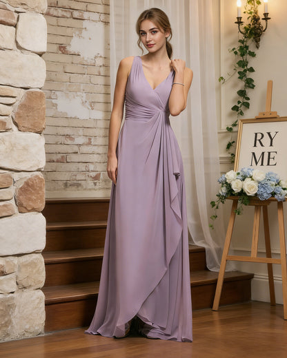 halter V-neck chiffon bridesmaid dress with draped sash waist - image 2