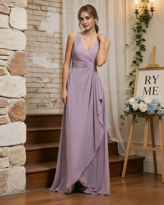 halter V-neck chiffon bridesmaid dress with draped sash waist - image 2