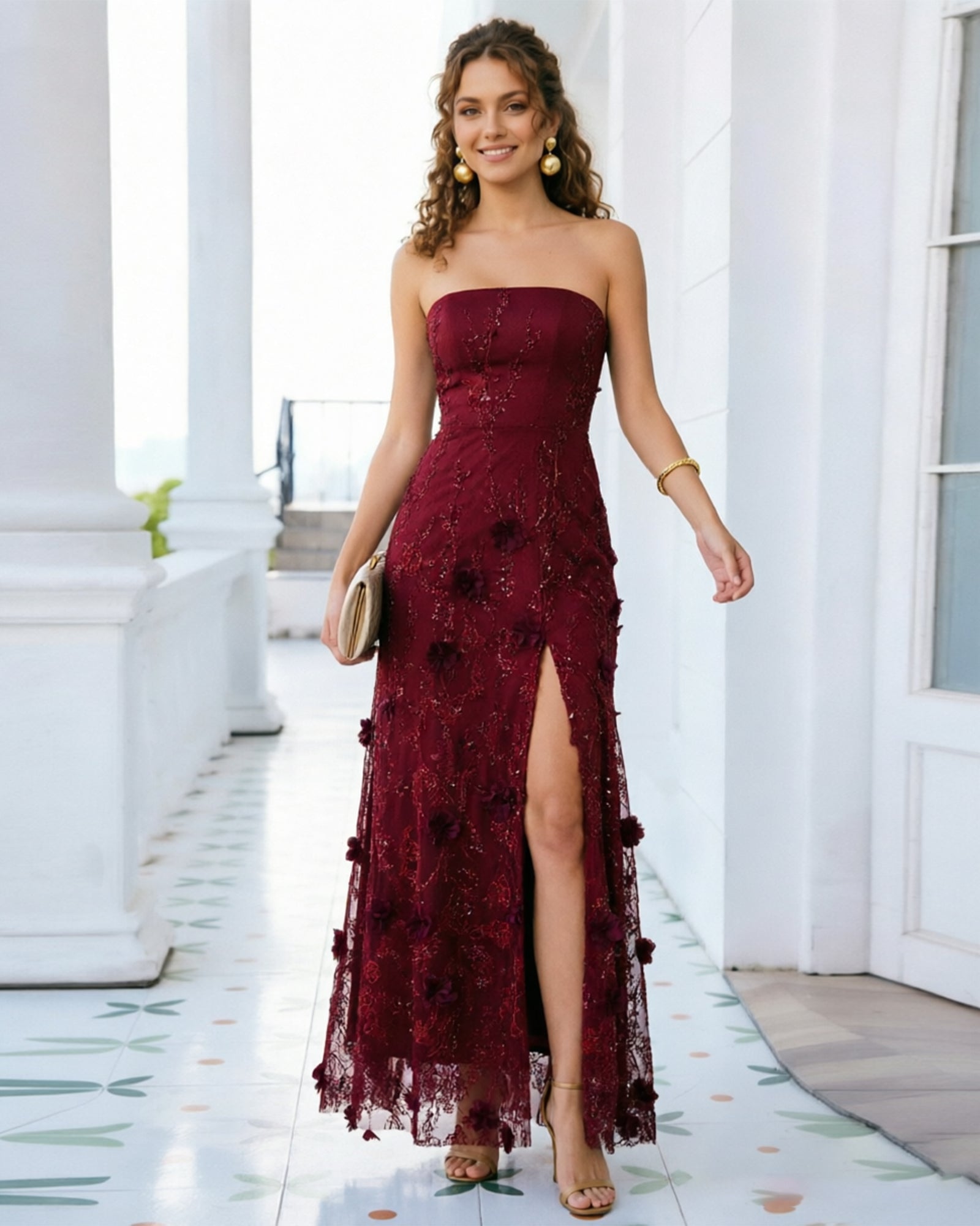 strapless floral applique lace formal dress with side slit - image 1