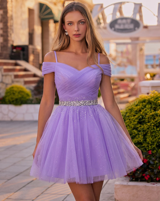 lavender off-shoulder V-neck tulle short homecoming dress with beaded waist - image 1