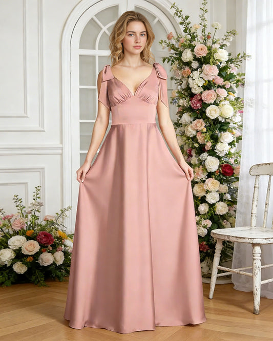 V-neck bow strap satin bridesmaid dress with empire waist - image 1