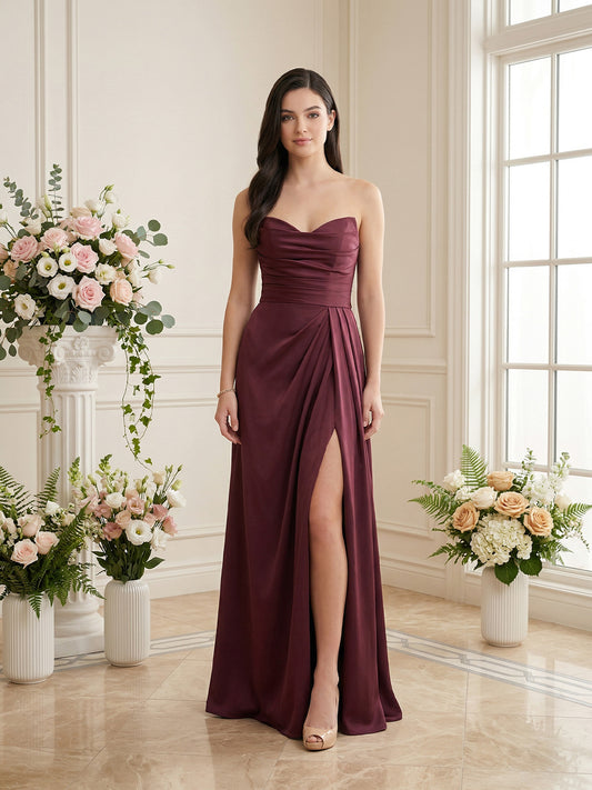 strapless pleated satin bridesmaid dress with side slit - image 1