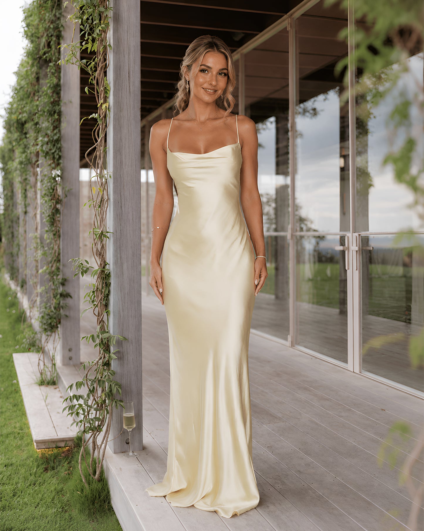 light yellow cowl neck satin bridesmaid dress with spaghetti straps and lace-up back - image 1