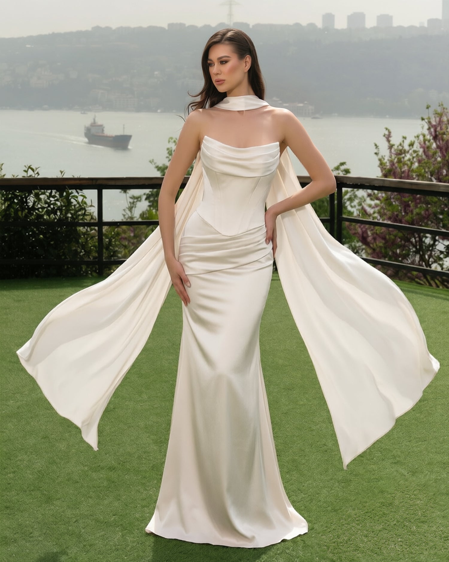 ivory satin corset mermaid bridesmaid dress with cowl neck and dramatic scarf - image 1