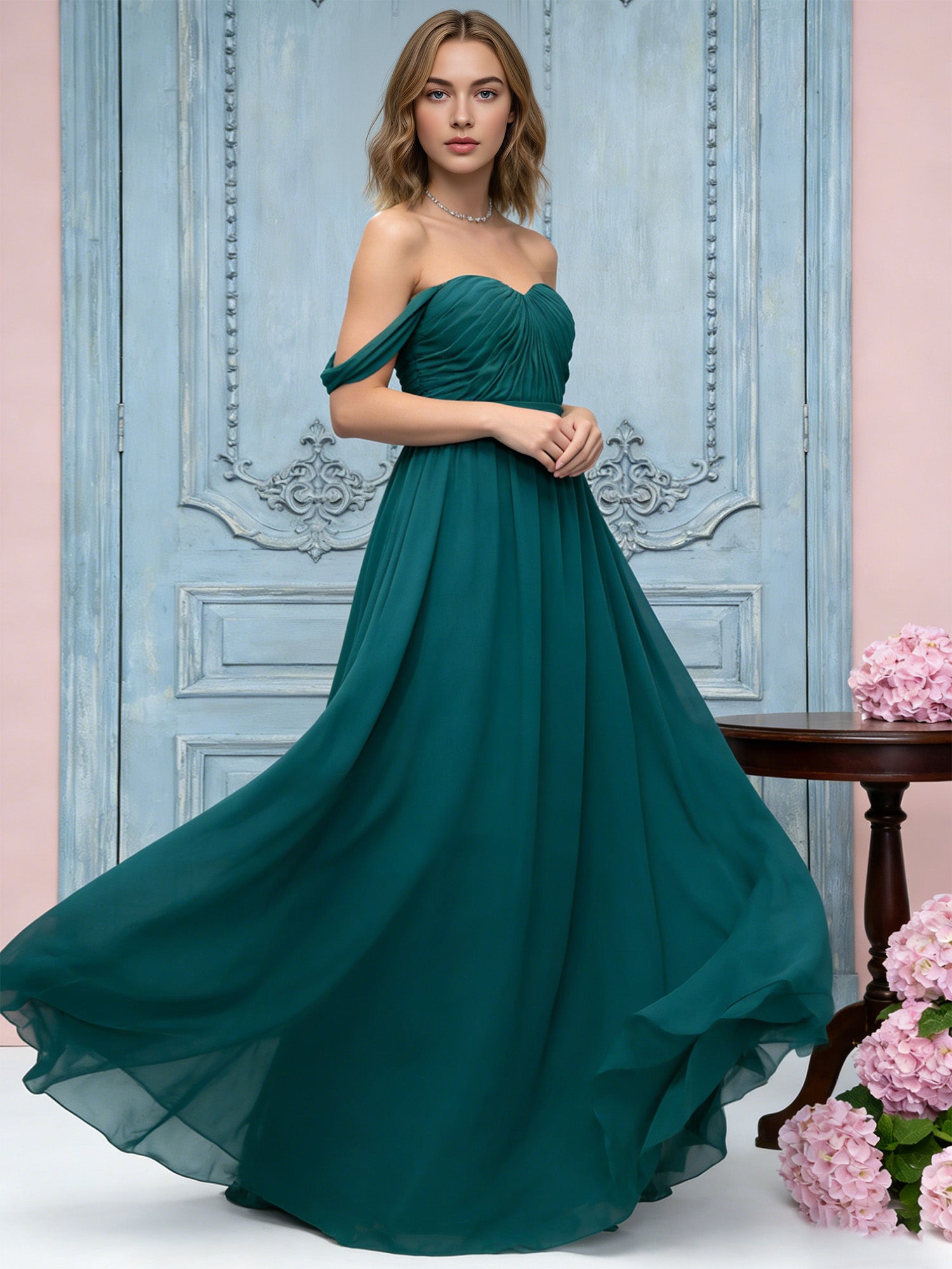 off shoulder sweetheart chiffon bridesmaid dress with ruched bodice - image 2