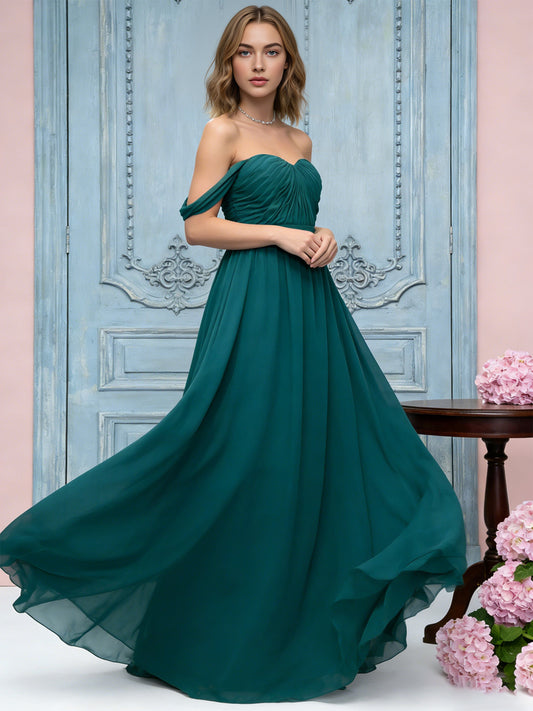 off shoulder sweetheart chiffon bridesmaid dress with ruched bodice - image 2